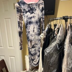 Elegant Tie-Dye Long Sleeve tee shirt ribbed Dress with side rushing